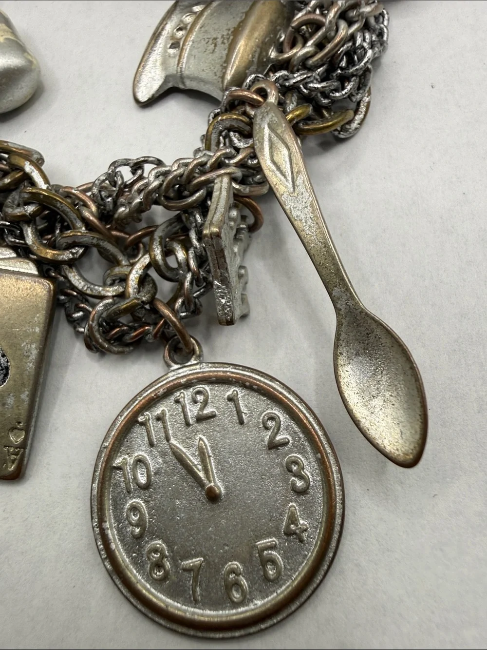 Alice & Wonderland Silver tone Charm Bracelet rabbit Playing Cards Charms as is